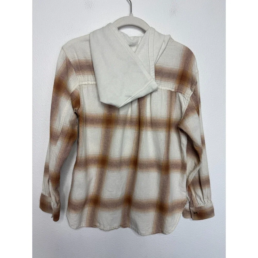 Old Navy Girls XL Hooded Flannel Shirt Cream Tan Plaid Button Front Long Sleeve